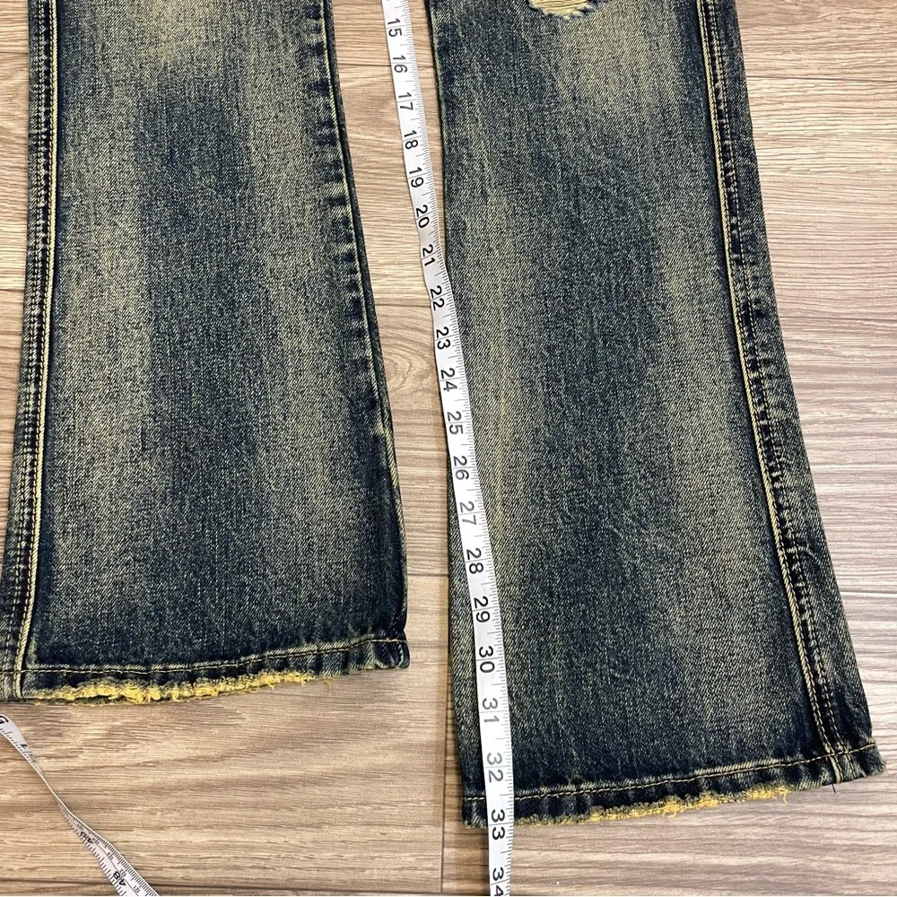 mnml Metal Eyelet Grommet Yellow Washed Distressed Denim Flare Jeans